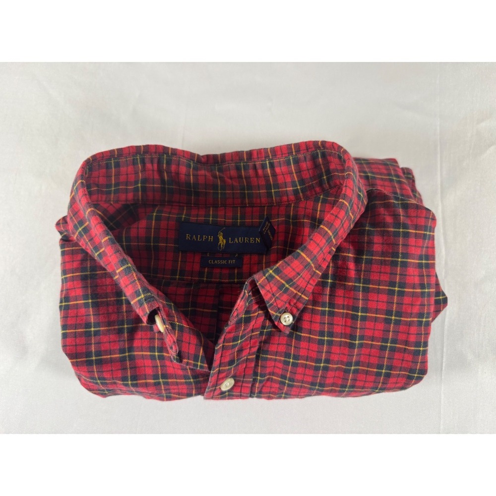 Ralph Lauren Mens Large Red Plaid Classic Fit Cotton Button Down Shirt Pony Logo